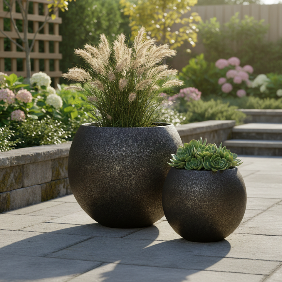 Ball Rustic Fiberglass Planter - Lightweight