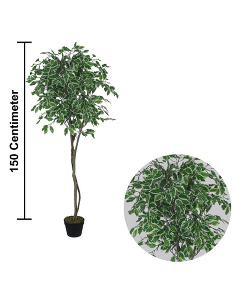 Artificial potted plant with dimensions indicated on a white background