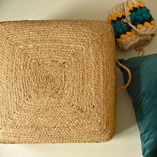 Handcrafted Square Natural Jute Floor Cushion Pouf