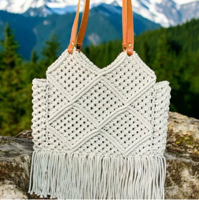 Handcrafted Cotton Macrame Boho Tote Bag with Leather