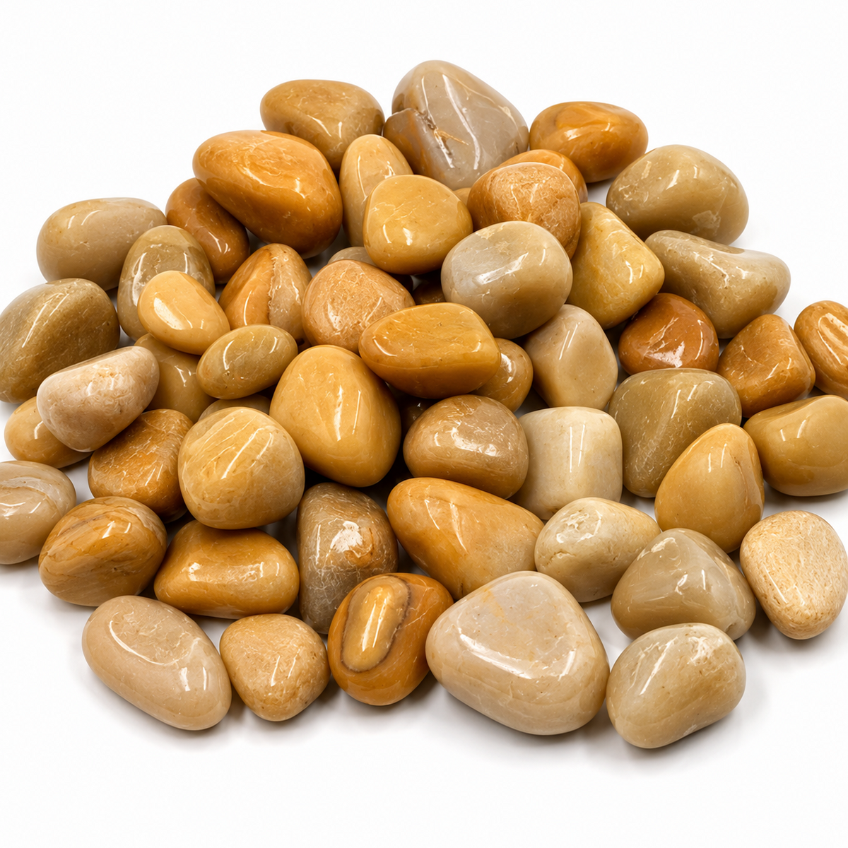 Pile of polished pebbles on a white background