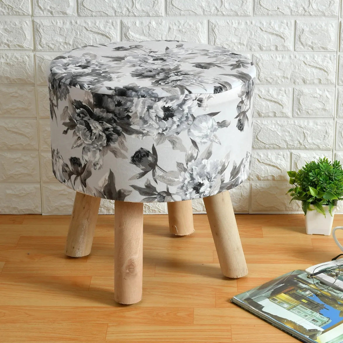 Monochrome Floral Pouffe Wooden Ottoman