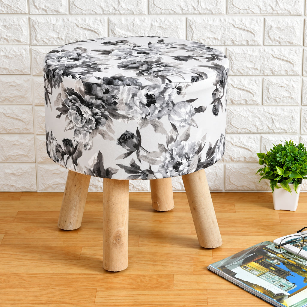 Monochrome Floral Pouffe Wooden Ottoman