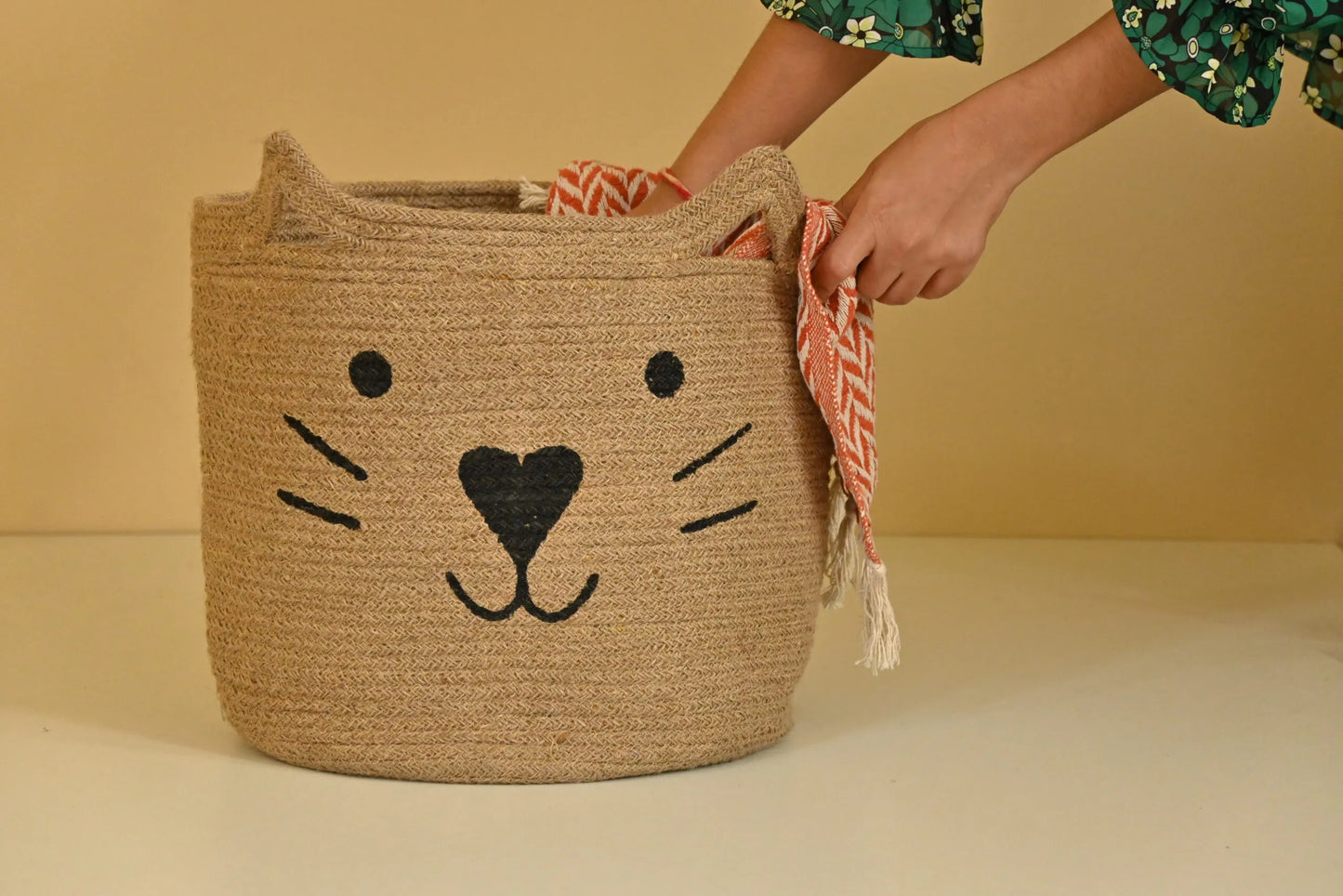 Jute Basket with Printed Cat
