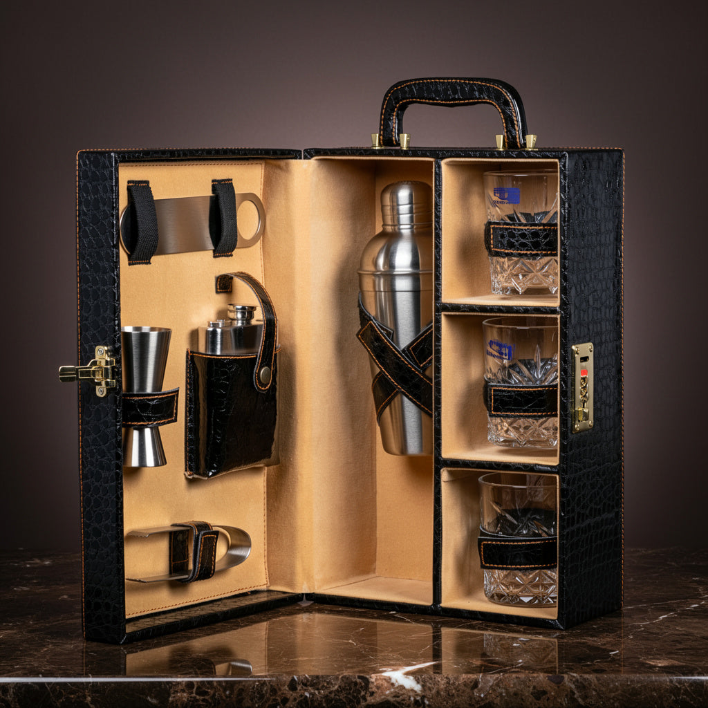 Abrazo Black Croc Leatherette Portable Whiskey 7-Piece Set