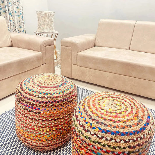 Handcrafted Multicolour Jute Pouffe