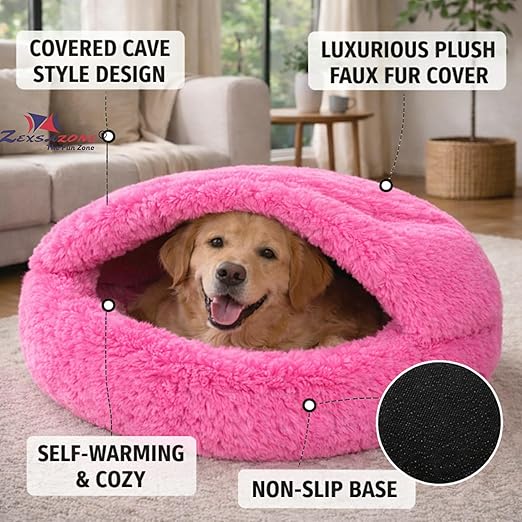 Premium Hooded Nesting Pet Bed | 65cm Pink