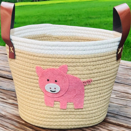 Multipurpose Round Cotton Basket with PU Leather Handles
