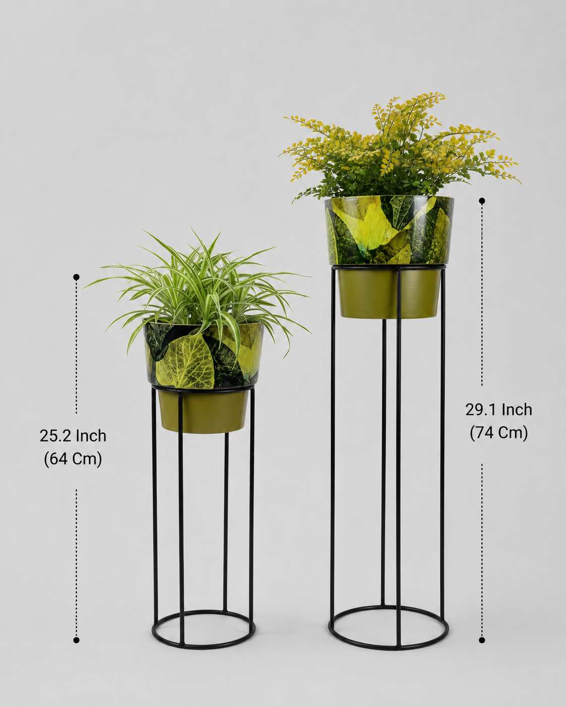 Metal Plant Stands with Patterned Pots – Set of 2 Tall Indoor Planters