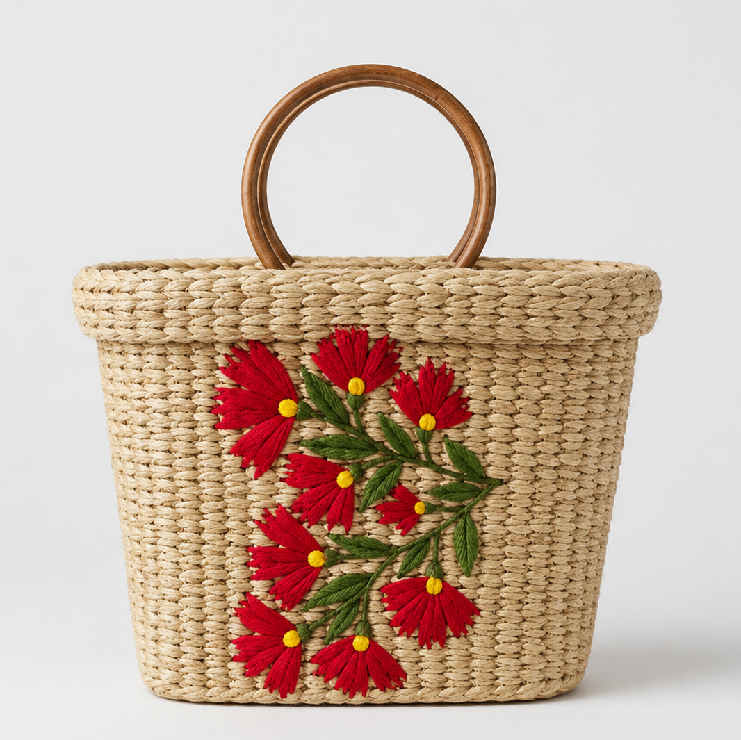 Oval Shopping Kauna Grass Bag with Floral Embroidery