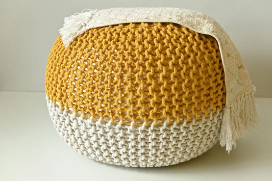 Handcrafted Wide Round Hand-Knitted Cotton Ottoman Pouf