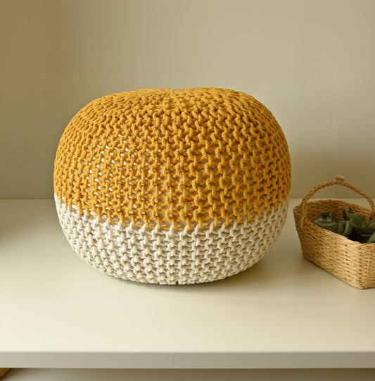Handcrafted Wide Round Hand-Knitted Cotton Ottoman Pouf