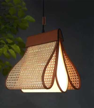 Cane Petal Pendant Light – Faux Leather and Rattan Boho Lighting – 12″ x 14″