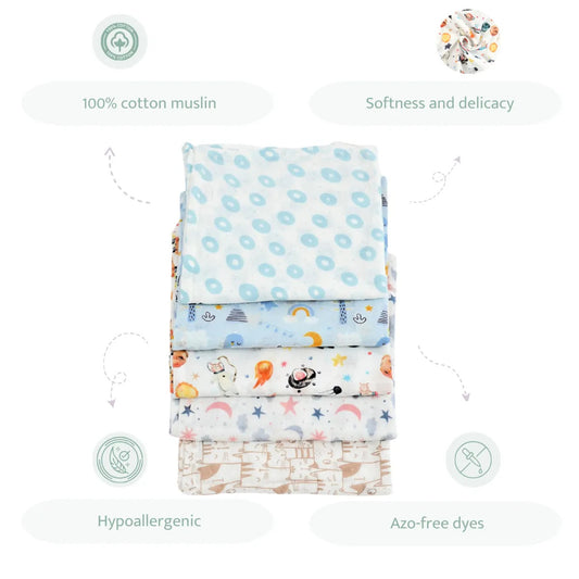 100% Cotton Muslin Swaddles – Set of 5