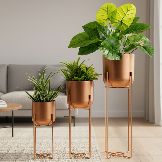 Three Cylindrical Metal Planters Modern Set of 3