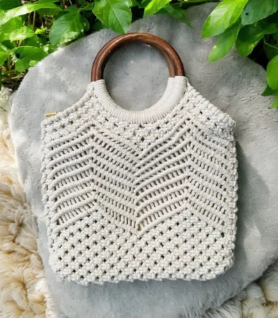 Minaxi Macrame Handheld Bag with Wooden Handle – Boho Chic Cotton Beach for Women