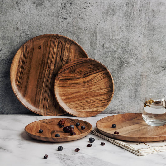 Dune Acacia Wood Plate Set | 4-Piece Nested Serving Set | 2 Small & 2 Large