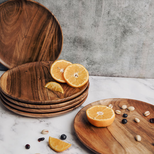 Dune Acacia Wood Plates | Set of 6 Large Plates | Natural Acacia Wood