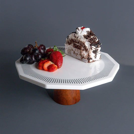 Christa Marble & Wood Cake Stand | Octagonal White Marble Top with Sheesham Wood Base