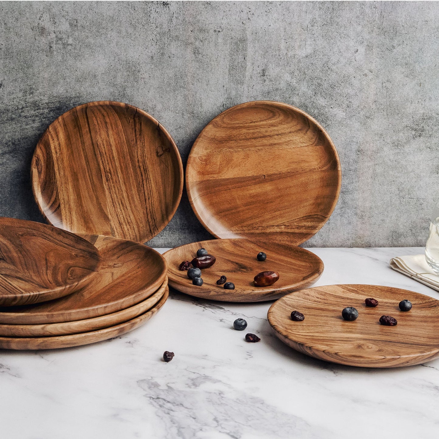 Dune Acacia Wood Plate Set | 8-Piece Dinnerware Collection | 4 Small & 4 Large