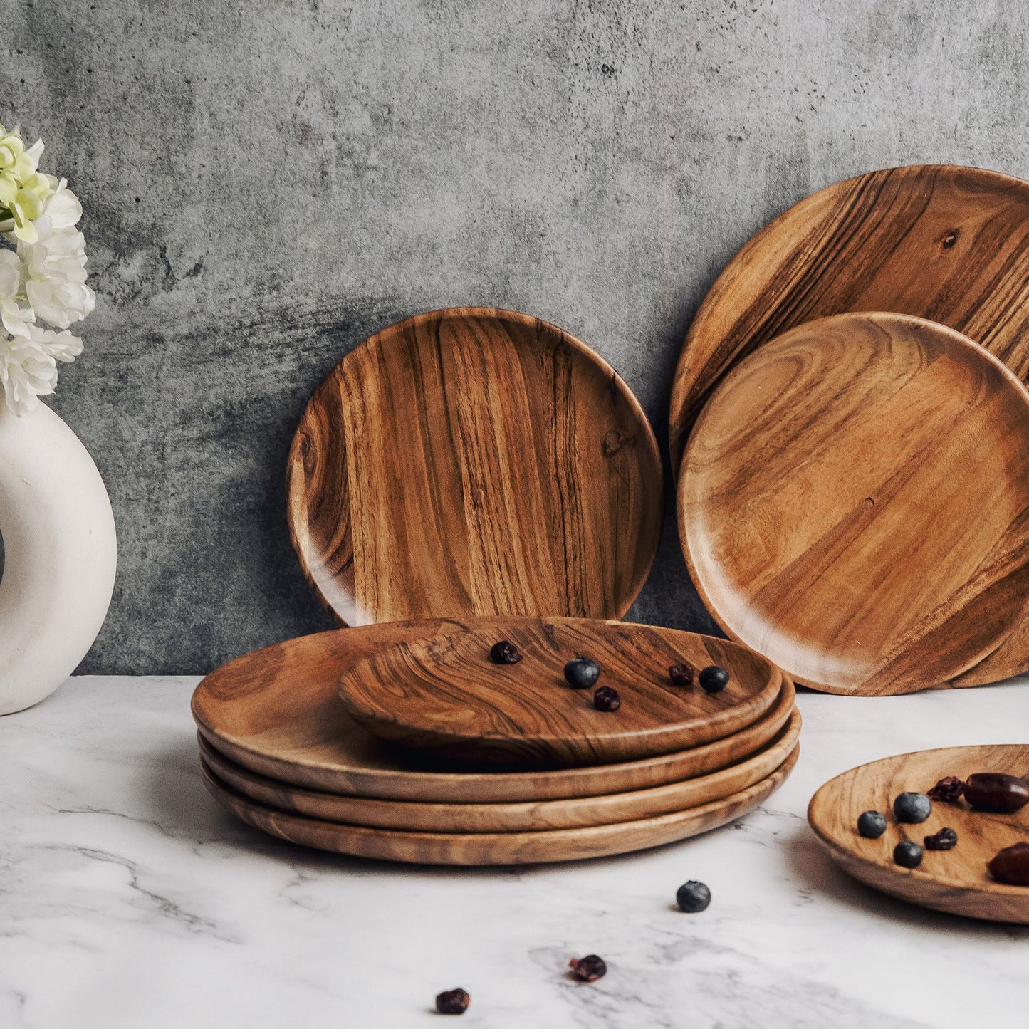 Dune Acacia Wood Plate Set | 8-Piece Dinnerware Collection | 4 Small & 4 Large