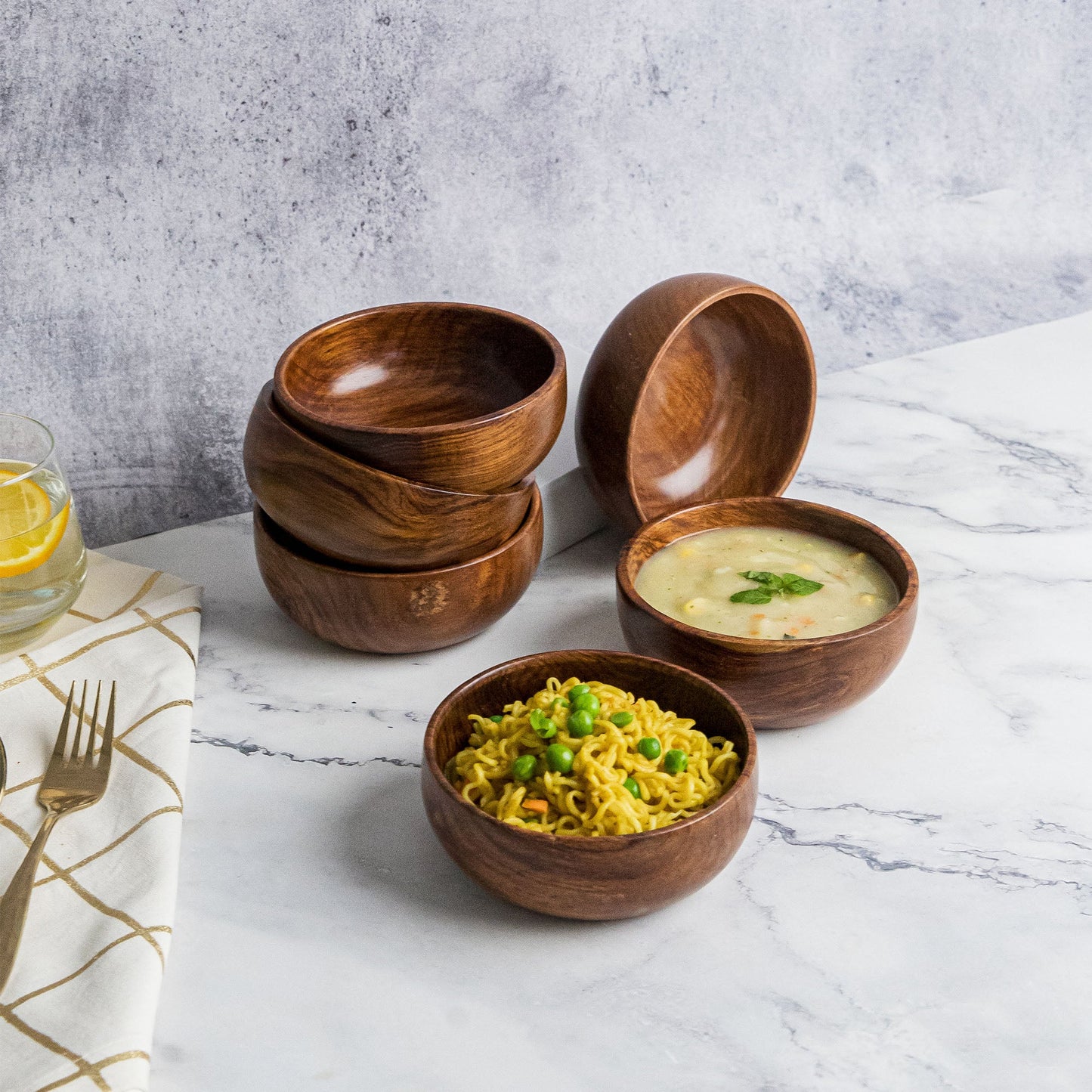 Azela Bowl Set of 6 | Handcrafted Sheesham Wood Snack & Soup Bowls