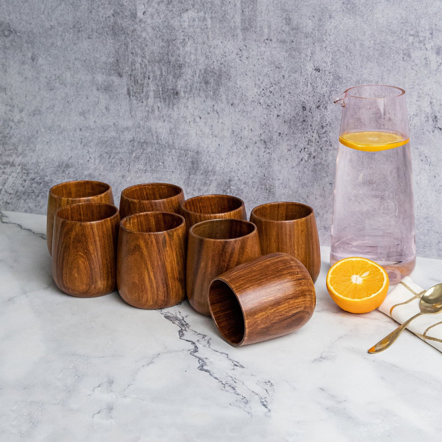 Azulik Sheesham Wood Glass Set | Handcrafted Wooden Tumbler Set of 8