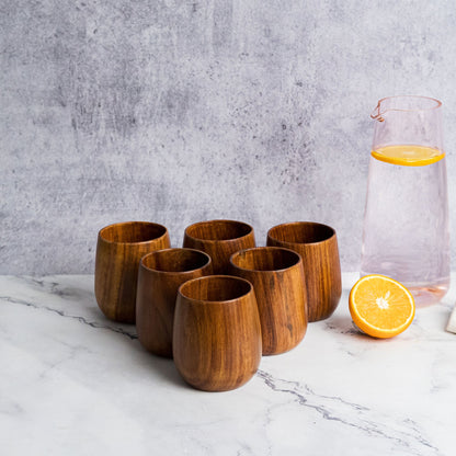 Azulik Sheesham Wood Glass Set | Handcrafted Wooden Tumbler Set of 6