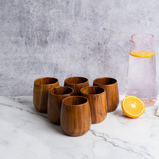 Azulik Sheesham Wood Glass Set | Handcrafted Wooden Tumbler Set of 6