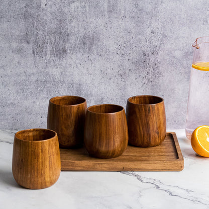 Azulik Sheesham Wood Glass Set | Handcrafted Wooden Tumbler Set of 4