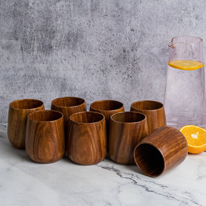 Azulik Sheesham Wood Glass Set | Handcrafted Wooden Tumbler Set of 8