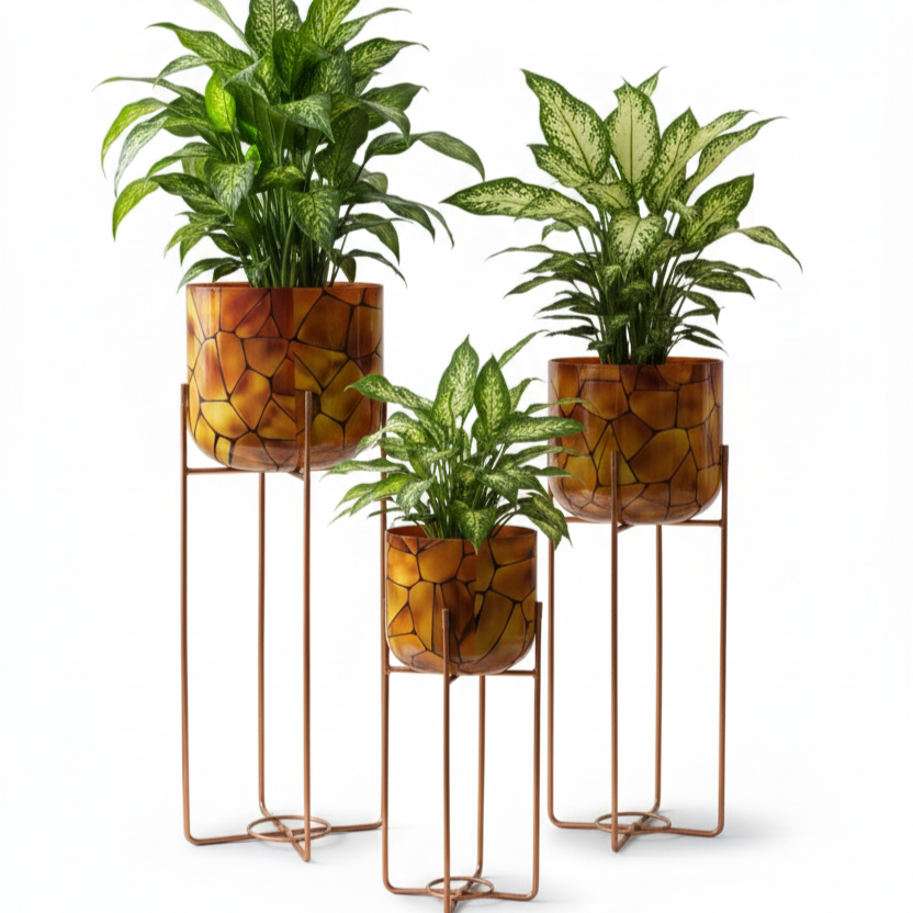 Patterned Round Plant Pots on Metal Stands (Set of 3)