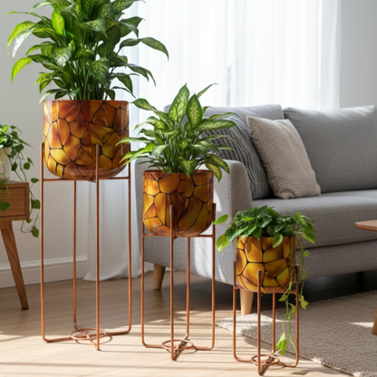 Patterned Round Plant Pots on Metal Stands (Set of 3)