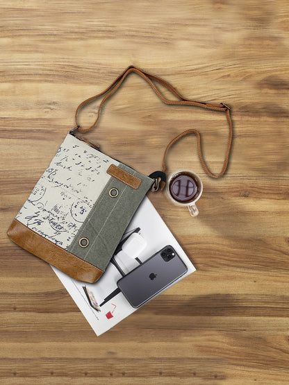 Artaflora- Cotton Canvas Messenger Crossbody Sling Bag with Stylish Design for Women: Vintage Script Cream