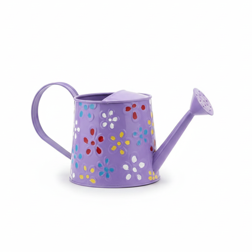 Purple watering can with colorful floral pattern on a white background