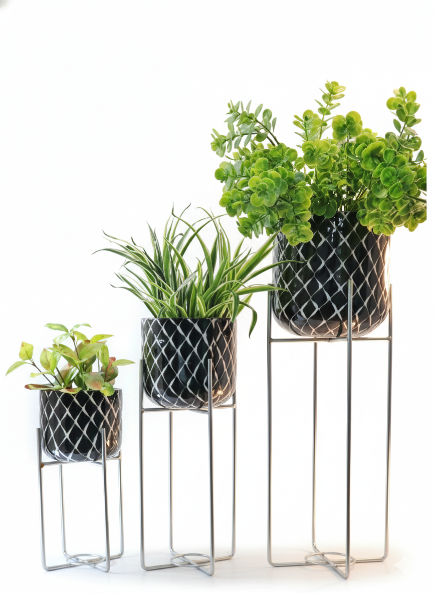 Patterned Round Plant Pots on Metal Stands Set of 3