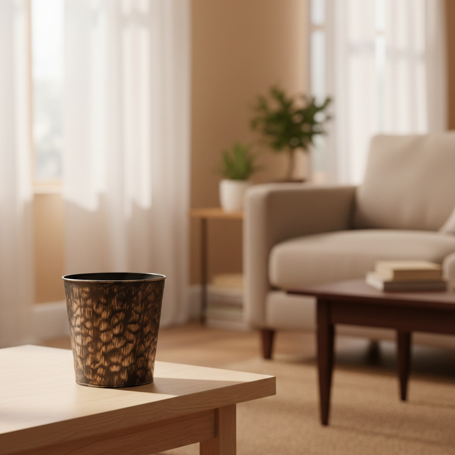Decorative pot on a table with a blurred living room background