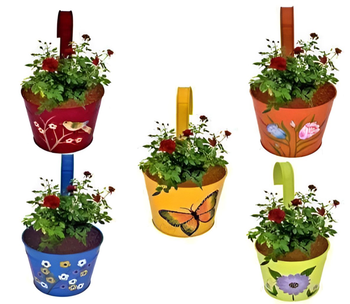 Iron Hook Hanging Pot – Floral Painted Planter