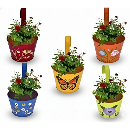 Set of five colorful planters with plants and decorative elements on a white background