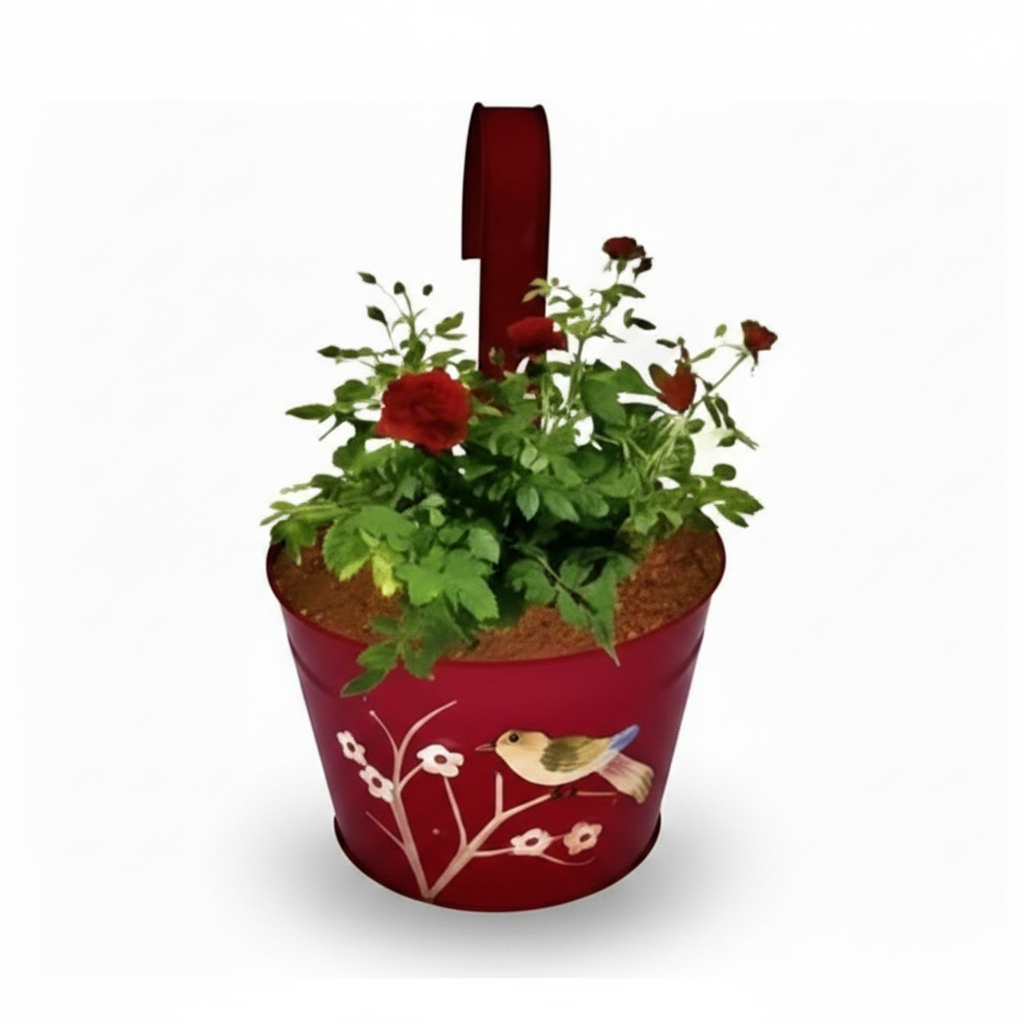 Set of five colorful planters with plants and decorative elements on a white background