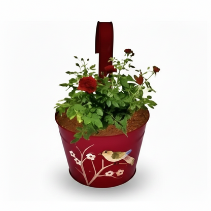 Set of five colorful planters with plants and decorative elements on a white background