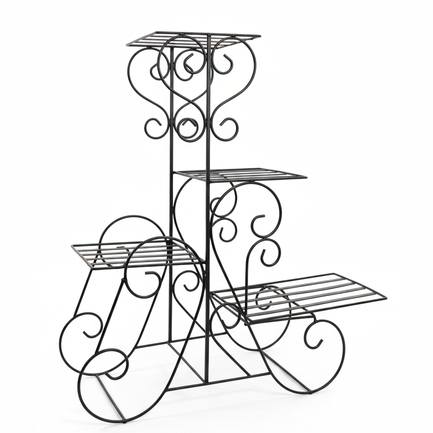 Decorative metal plant stand with intricate designs on a white background