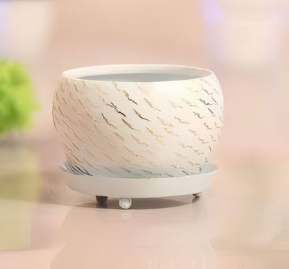 Round Glossy Metal Planter with Tray – Multicolor