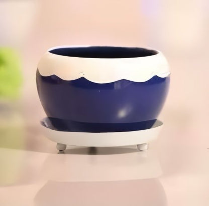 Round Glossy Metal Planter with Tray – Multicolor