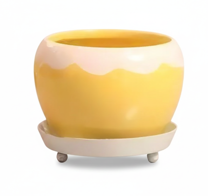 Yellow planter with a white base on a white background