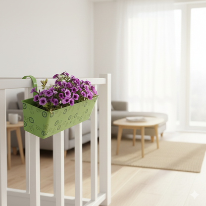 Green plant stand with purple flowers in a living room setting