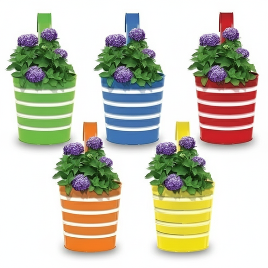 Set of six colorful striped planters with plants on a white background