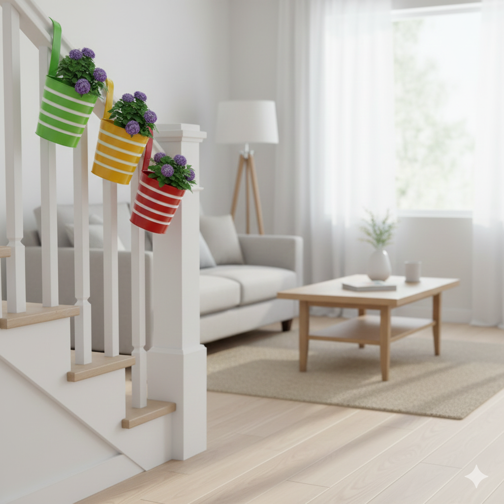 Colorful striped planters with flowers on a staircase railing in a living room.