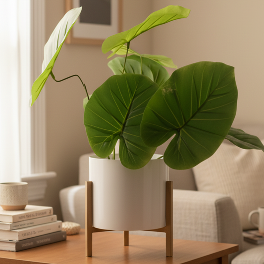 Iron Planter with Wooden Stand – Black & White