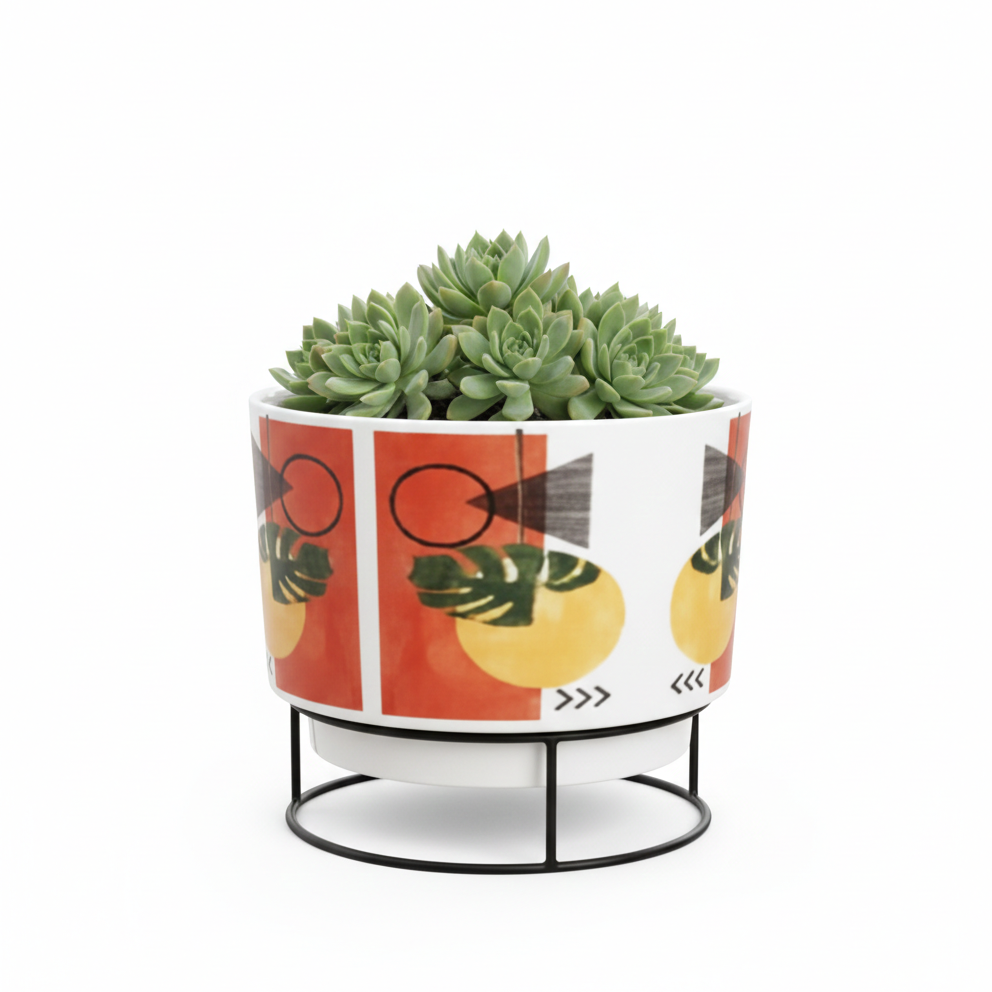 Printed Metal Planter with Circular Black Stand